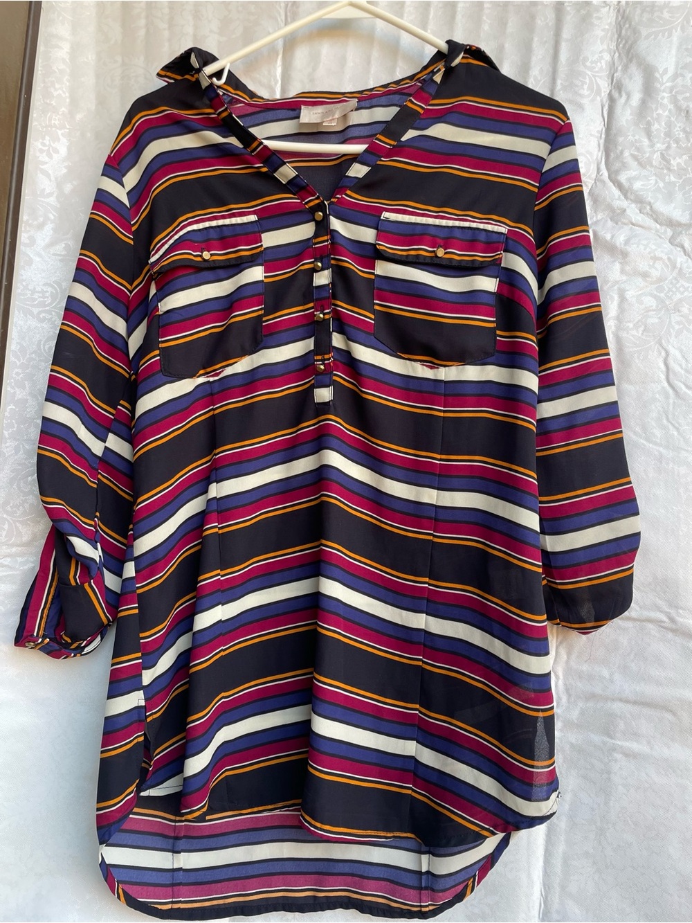 Skies Are Blue Striped V-Neck Tunic in Black, Pink, Blue & Cream
